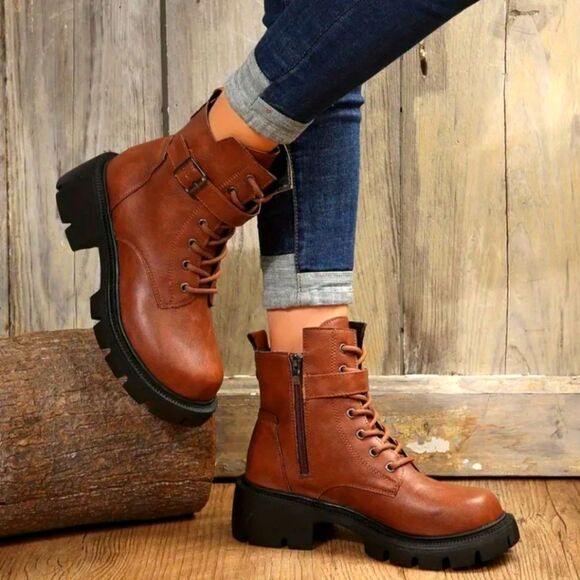 Ladie's chunky ankle combat boots - Picture 3 of 6